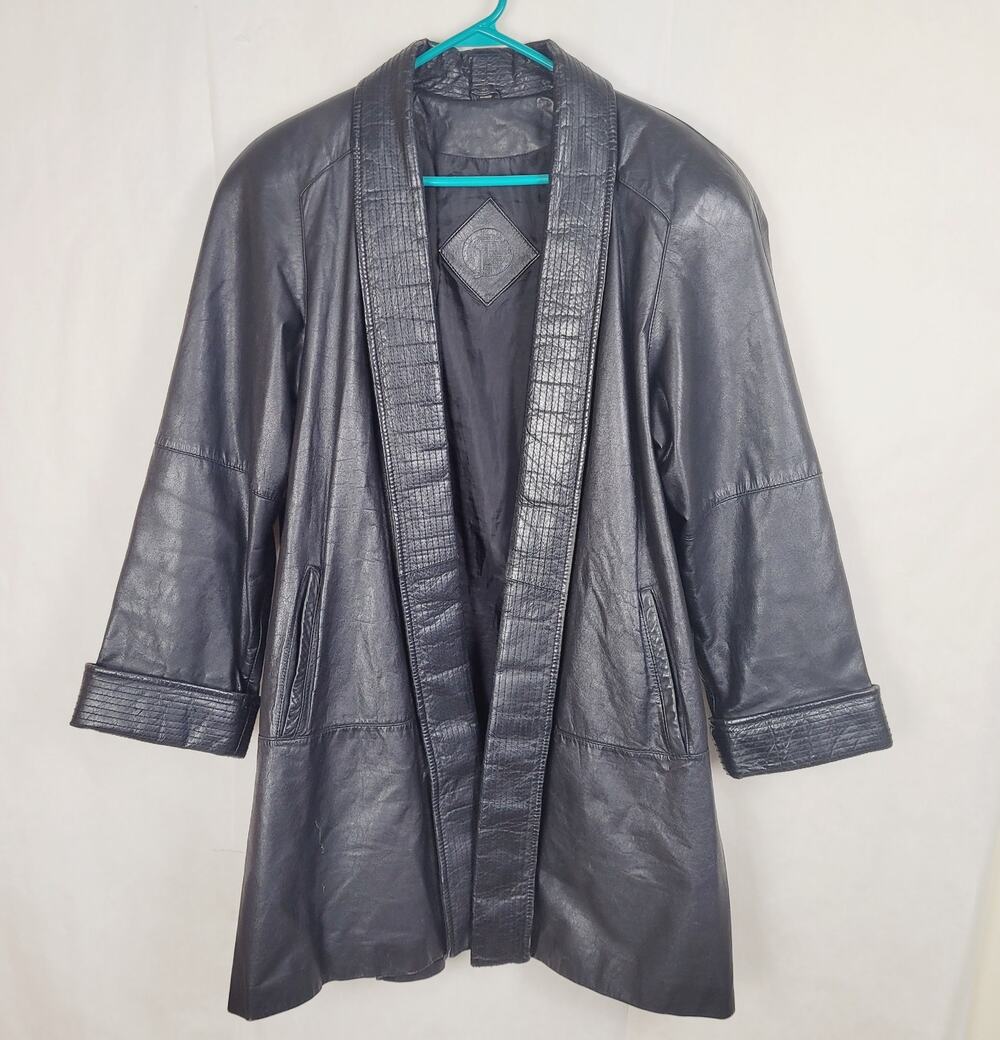Vintage J Ferrar black kimono style open front leather coat size 10 womens Luxe